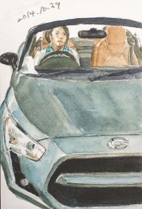 水彩画の絵葉書、「車と女性」の図