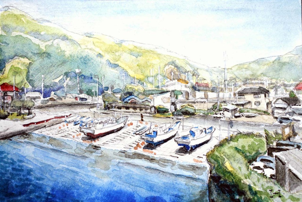 水彩による金谷港の風景画