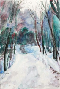 雪の道を描いた水彩画
