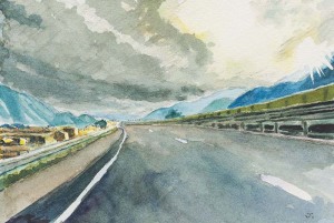 高速道路を描いた水彩画