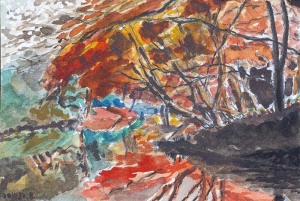 六義園の紅葉を描いた水彩画
