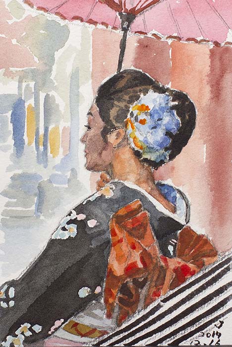 鎌倉で見かけた花嫁を描いた水彩画
