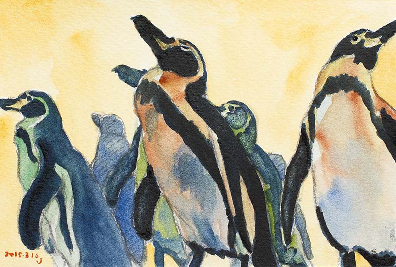 水彩で描いたペンギンたちの図