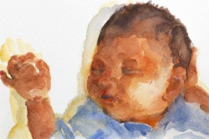 眠る赤ん坊を描いた水彩画。