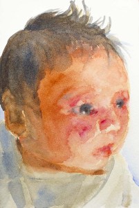 目を開いた赤ん坊の水彩画。