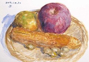 林檎、ミカン、トウモロコシ、銀杏を描いた水彩画