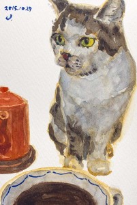 猫とコーヒーカップを描いた水彩画
