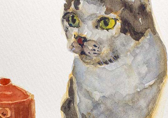 猫とコーヒーカップとポットを描いた水彩画